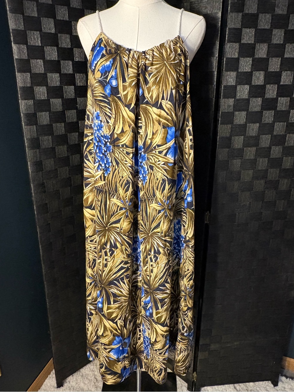 Tropical Boho Flowy Sleeveless Midi Dress in Blue and Gold Floral Print